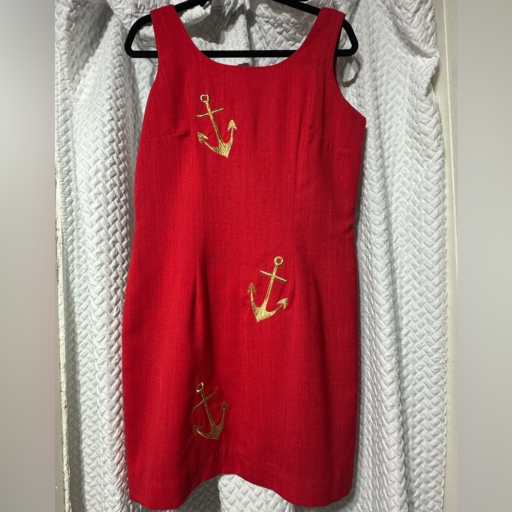 Vintage 1993 Red with Gold Embroidered Anchor Dress --Misty Lane size 13/14